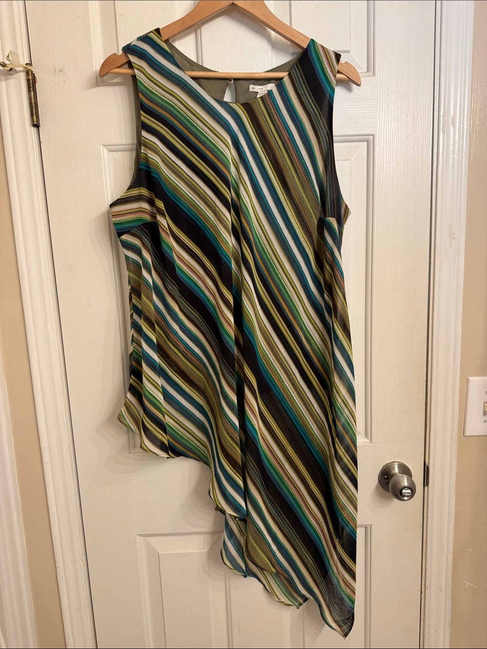 Sleeveless Asymmetrical Striped Tunic in Green, Blue & Black